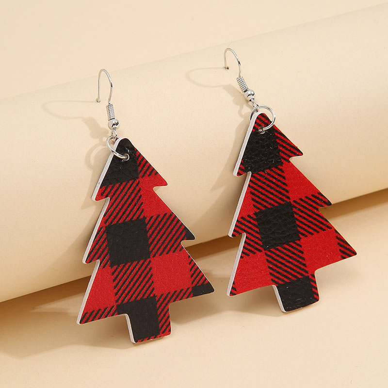 Christmas Reversible Christmas Tree Red Plaid Leather Earrings