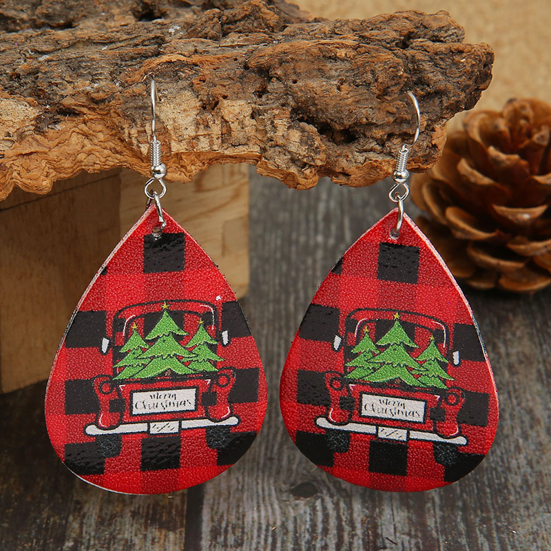 Christmas Red And Black Checkered Car Christmas Tree Leather Pu Double-sided Letter Earrings