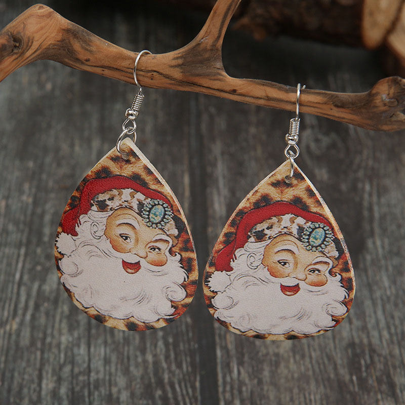 Christmas Teardrop Leopard Print Cartoon Santa Claus Leather Earrings