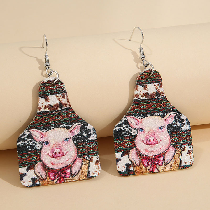 Wine Bottle Cow Turquoise Pattern Leather Earrings Smile Pig Print Earrings