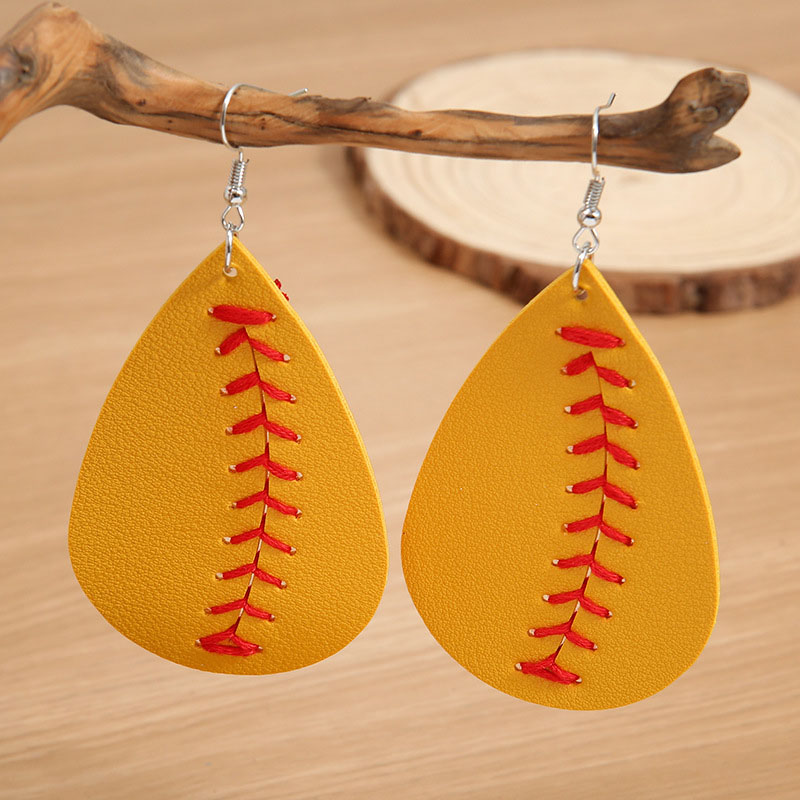 Creative Water Drop Baseball Embroidered Pu Leather Earrings