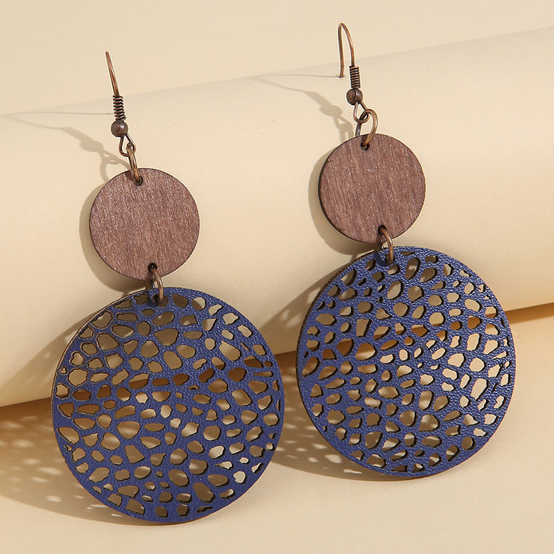 Bohemian Patchwork Wood Round Vintage Hollow Leather Earrings