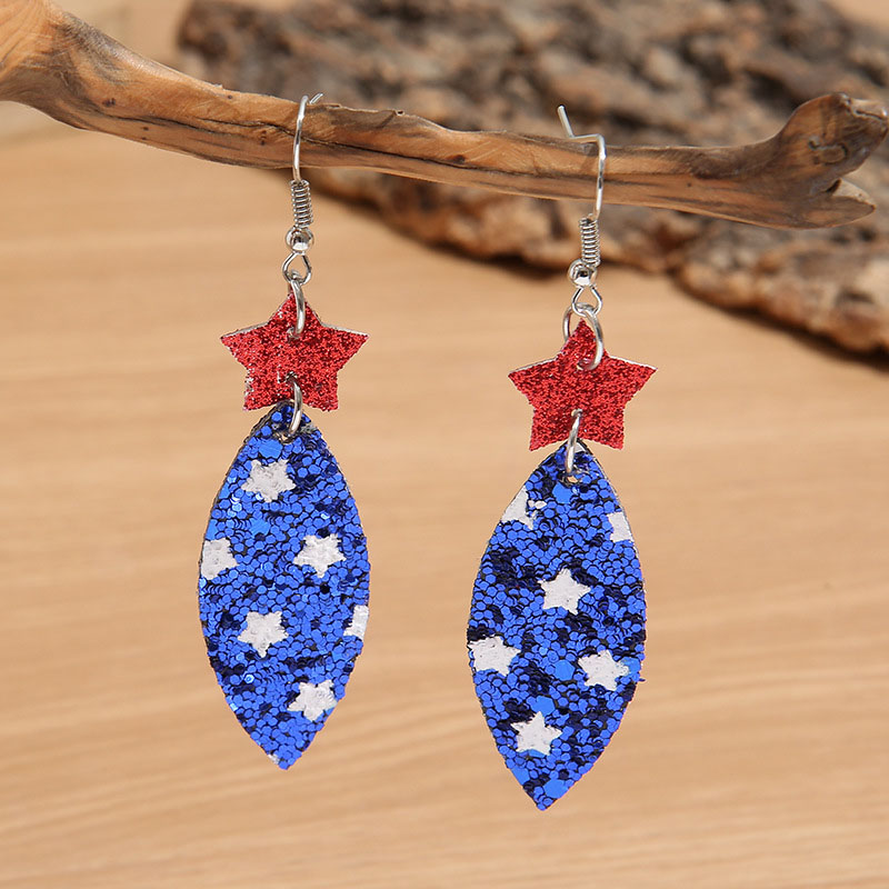 American Flag Star Stripe Elements Independence Day Leather Pentagram Earrings