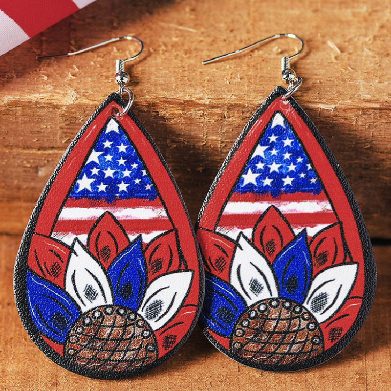 American Independence Day Vintage Sunflower Printed Leather Pu Earrings