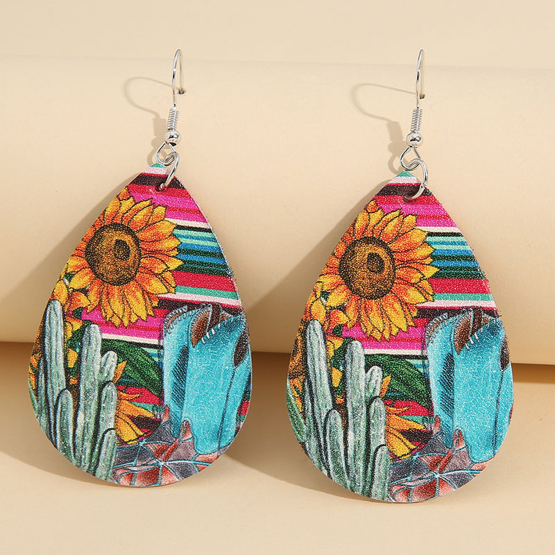 Colorful Water Drop Cactus Exaggerated Vintage Sunflower Pu Leather Earrings