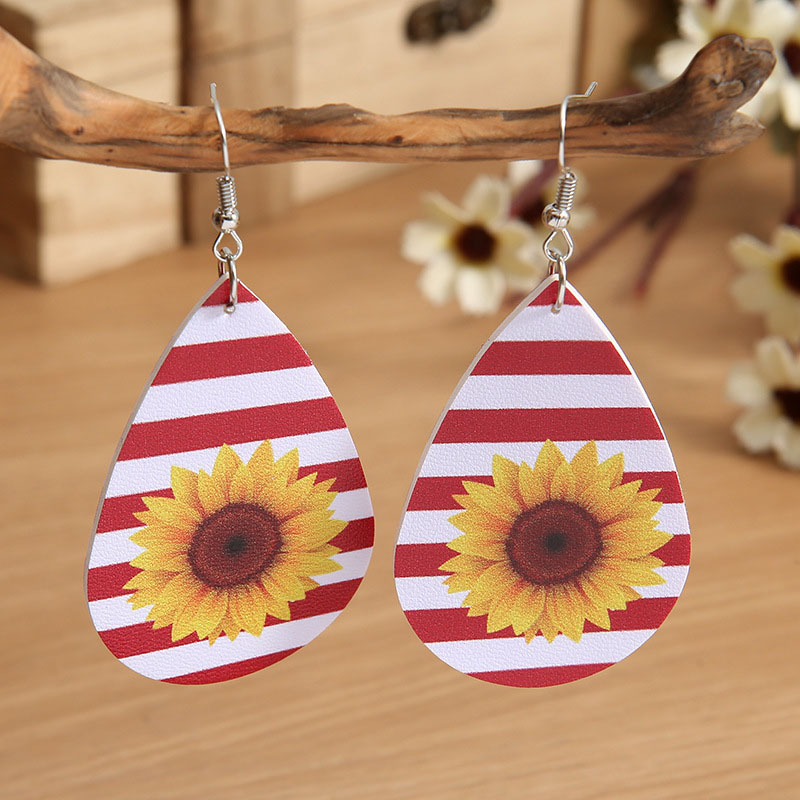 Water Drop Pu Simple Striped Color Sunflower Earrings