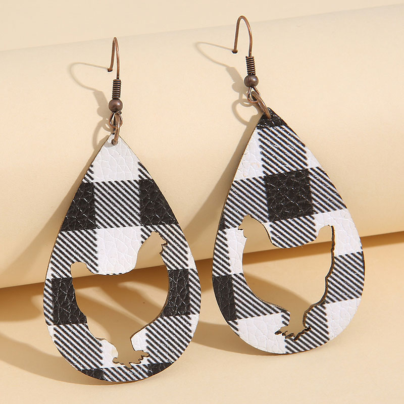 Simple Black And White Check Water Drops Double-sided Hollow Rooster Pu Leather Earrings
