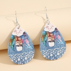Water Drop Colorful Feather Rose Flower Pu Leather Earrings