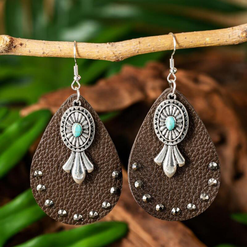 Ethnic Exaggerated Alloy Turquoise Feather Leather Stamping Diamond Earrings