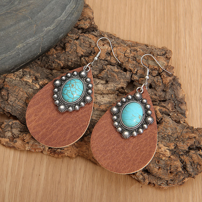 Turquoise Drop Metal Vintage Simple Brown Leather Earrings