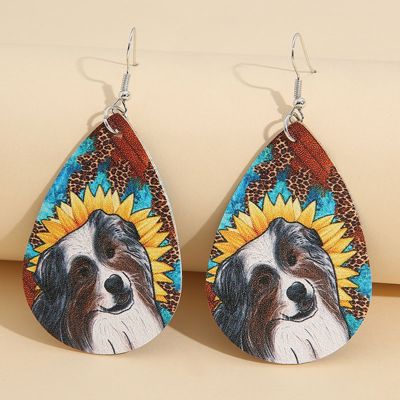 Teardrop Animal Puppy Print Pu Leather Earrings