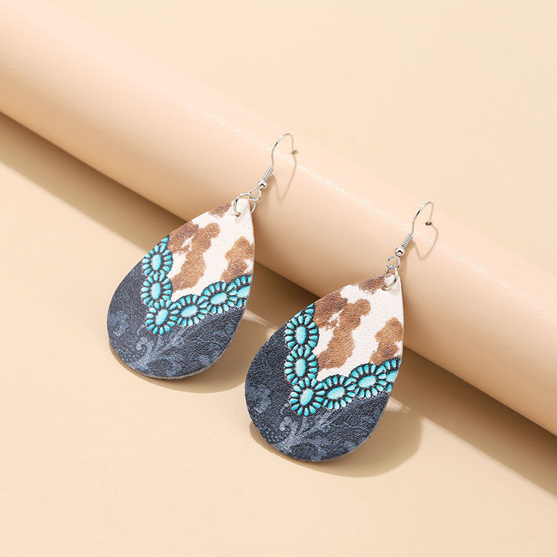 Teardrop Turquoise Print Personality Vintage Cow Pattern Pu Leather Earrings