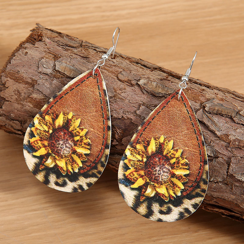 Retro Water Drop Leopard Sunflower Personality Pu Leather Earrings