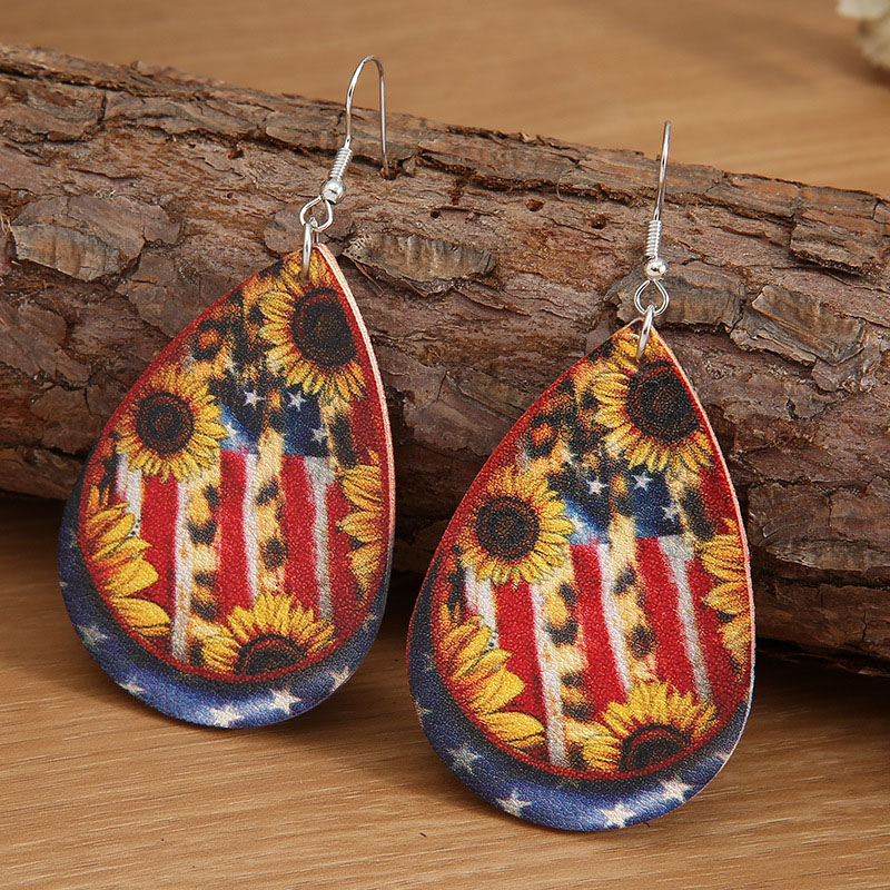 Retro Independence Day Leather Earrings Personality Sunflower Flag Letters Pu Earrings