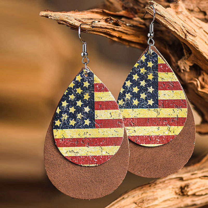 Water Drop Double Layer Vintage Independence Day Flag Leopard Print Personality Pu Leather Earrings