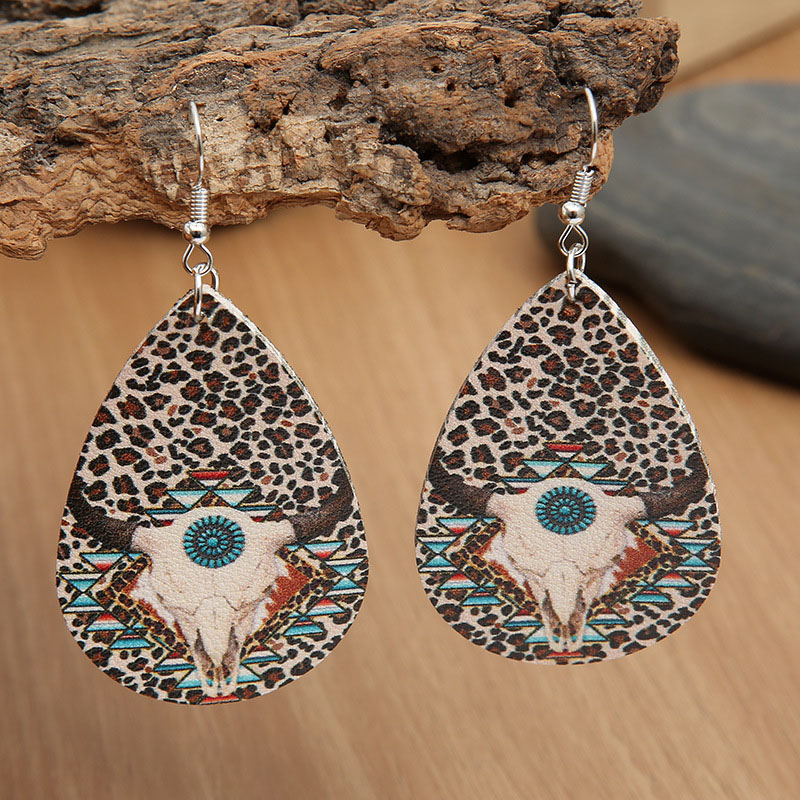 Vintage Teardrop Leopard Print Diamond Shape Turquoise Pattern Cow Head Leather Earrings