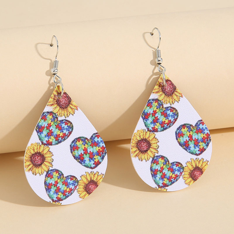 Water Drop Colorful Puzzle Vintage Sunflower Peach Heart Leather Earrings