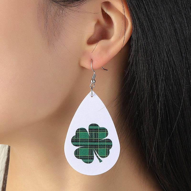 Irish Green Plaid Lucky Grass Water Drops Simple Pu Leather Earrings