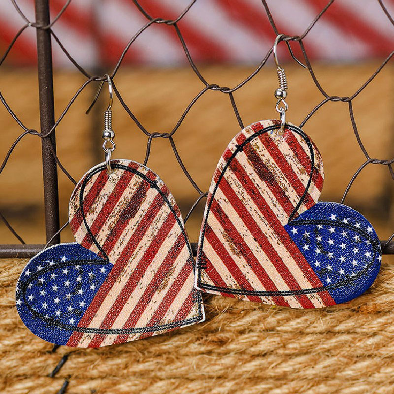 American Independence Day Vintage Love Stripe Pentagram Flag Pu Printed Leather Earrings