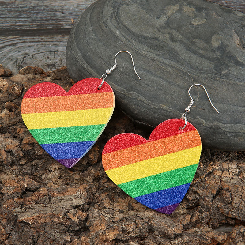 Valentine's Day Heart-shaped Rainbow Stripes Double-sided Pu Leather Earrings