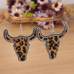 Vintage Plush Cow Head Leopard Print Sticker Leather Metal Alloy Earrings