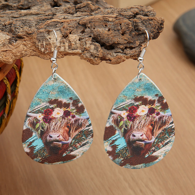 Rose Flower Wild Cow Head Printed Leather Earrings