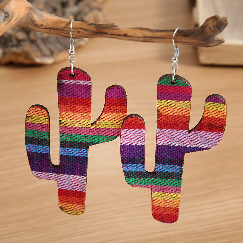 Colorful Large Cactus Rainbow Leather Earrings