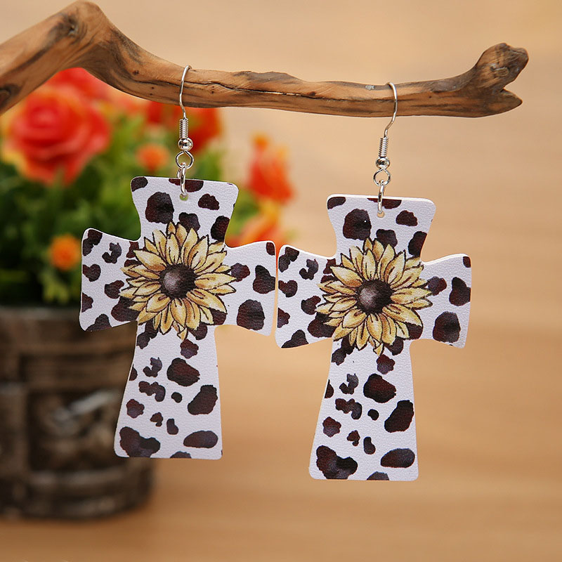 Vintage Cross Cow Pattern Sunflower Pu Leather Earrings