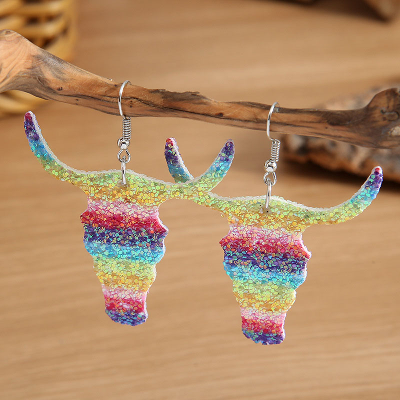 Retro Colorful Gradient Sequins Cow Head Leather Earrings