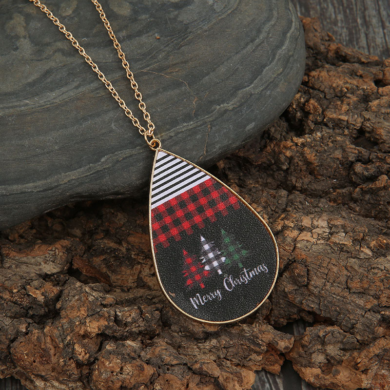 Christmas Teardrop Striped Plaid Pu Alloy Pendant Christmas Tree Letter Necklace