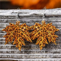 Leopard Print Thanksgiving Day Maple Leaf Vintage Pu Leather Earrings