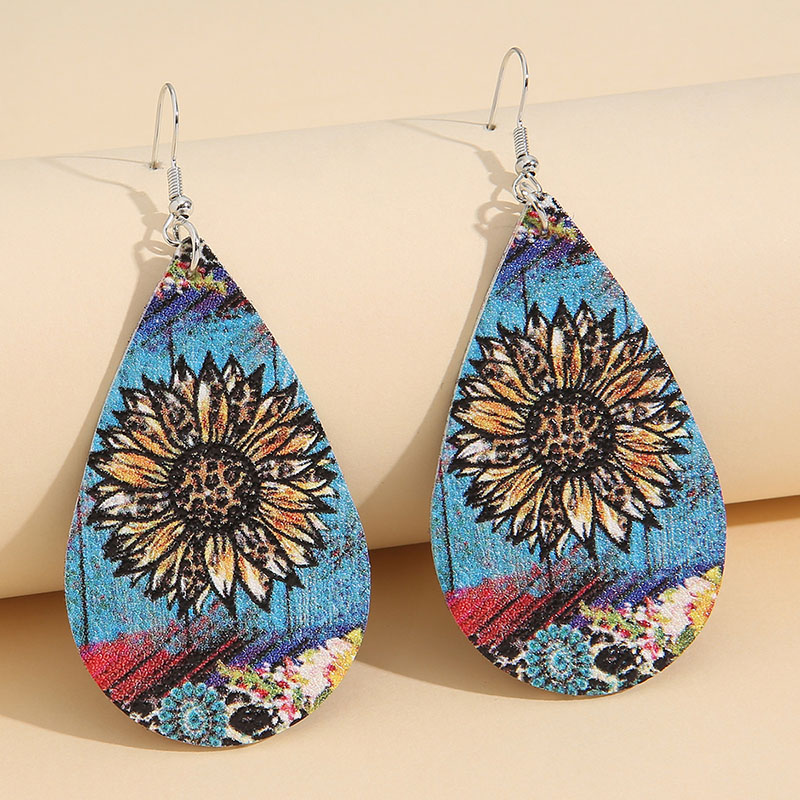 Vintage Ethnic Print Leopard Print Sunflower Pu Leather Earrings