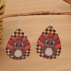 Retro Thanksgiving Cartoon Turkey Printed Double-sided Pu Leather Earrings