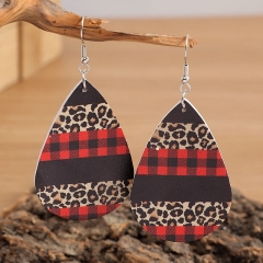 Christmas Vintage Red And Black Checkered Leopard Print Stitching Printed Leather Earrings