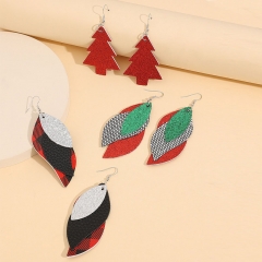 Christmas Tree Leather Sequins S-shaped Plaid Triple 3 Pairs Combination Set Earrings