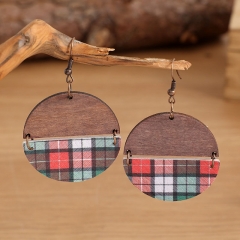 Vintage Half Round Wood Piece Patchwork Colorful Red Plaid Leather Earrings