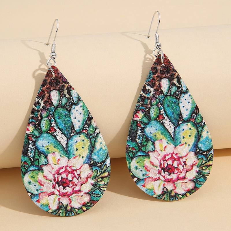 Fashion Drop Cactus Vintage Leopard Print Flower Pu Leather Earrings