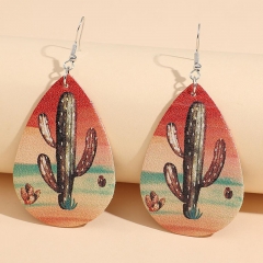 Teardrop Cactus Printing Vintage Desert Greenery Double-sided Pu Leather Earrings