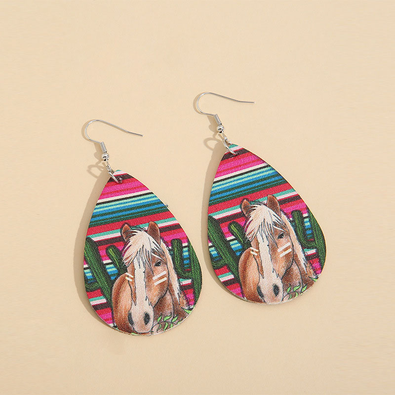 Vintage Colorful Cactus Printed Pu Leather Earrings