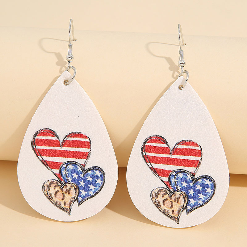 Independence Day Water Drop Printed Striped Pentagram Peach Heart Leopard Print Star Leather Earrings