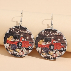 Halloween Thanksgiving Round Autumn Pumpkin Car Printed Double-sided Leather Earrings