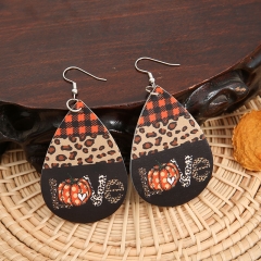 Vintage Thanksgiving Plaid Leopard Print Love Pumpkin Reversible Pu Leather Earrings