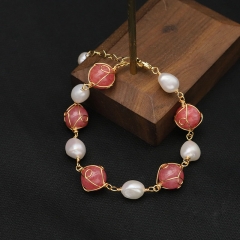 Wholesale Natural Pearl Watermelon Red Crystal Wire-wrapped Bracelet