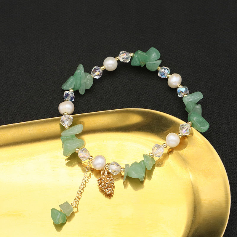 Wholesale Natural Pearl Green Tungsten Pine Cone Stretch Pendant Elegant Simple Bracelet