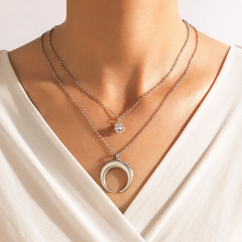 Wholesale Geometric Moon With Diamonds Pendant Personalized Chain Double Layer Necklace Set