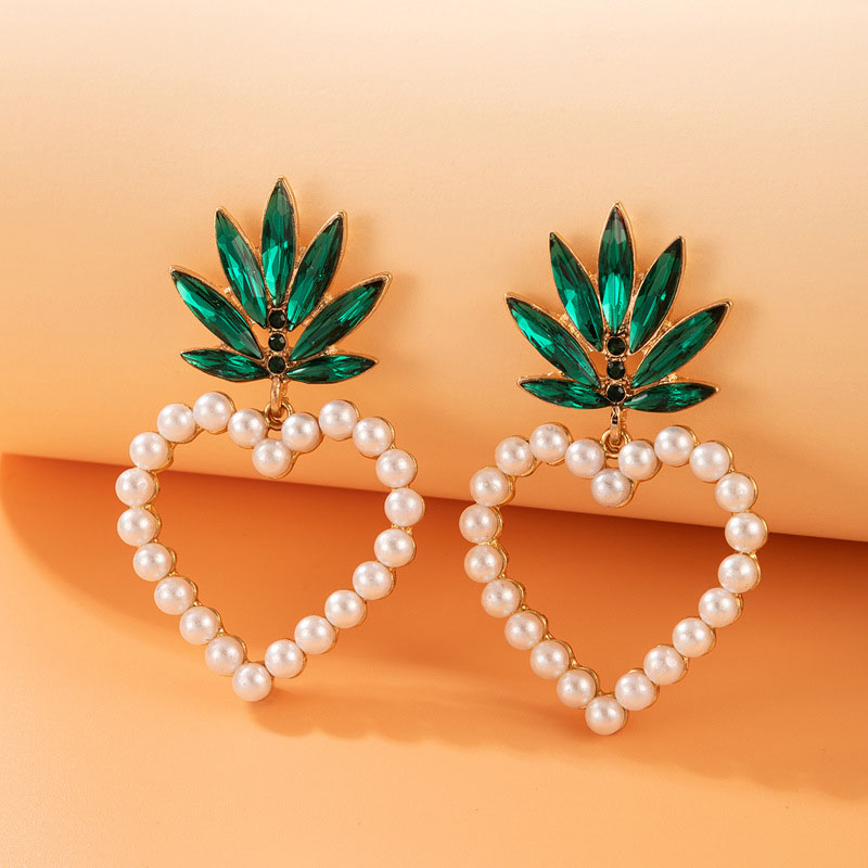 Korean Simple Pearl Love Earrings Green With Diamonds Leaf Earrings Vendor