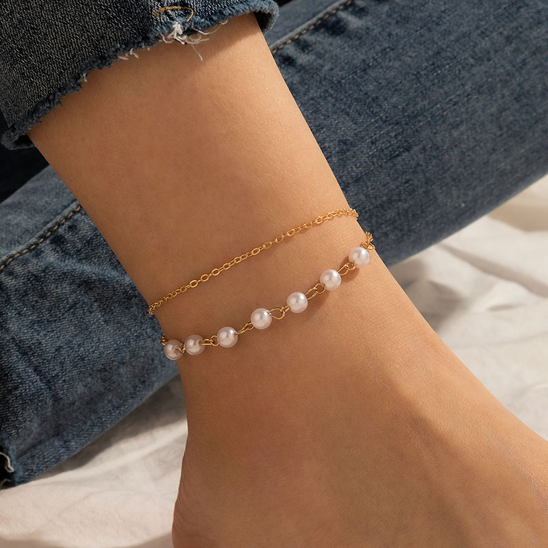 Fashion Simple Pearl Beads Geometric Chain Double Anklet Supplier