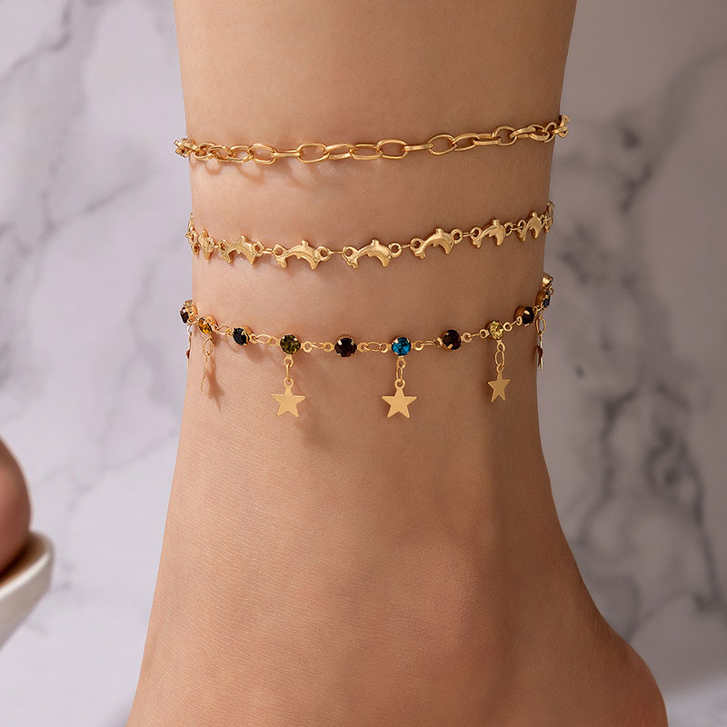 Geometric Star Tassel Colorful Diamond-set Dolphin Three-layer Anklet Set Supplier