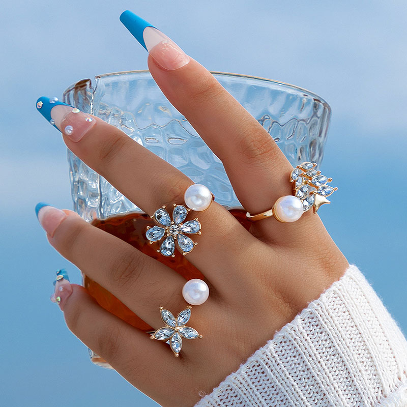 Wholesale Flower With Diamond Opening Geometric Irregular Pearl Three Pieces Ring Set