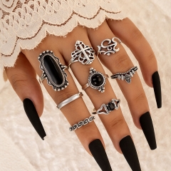 Wholesale Fashion Black Gemstone With Diamond Cross Flower Alloy Ring Set Of Eight